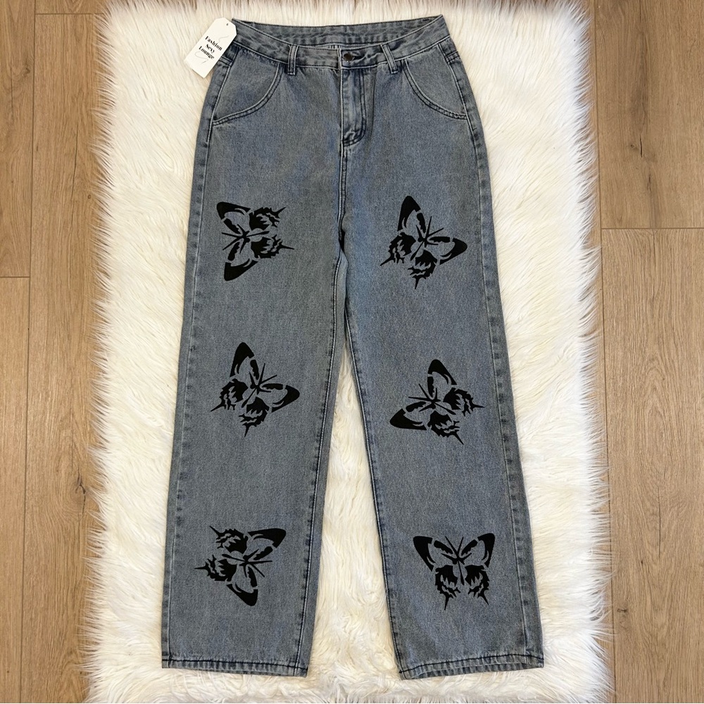 NEW Butterfly‎ Print High Rise Blue Gray Jeans Size Large